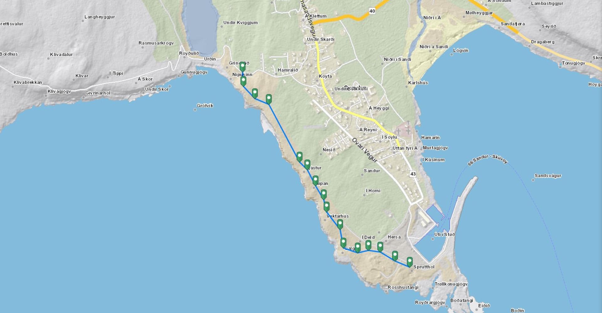 Map of Nípan hike, an easy and child friendly hike on Sandoy, Faroe Islands