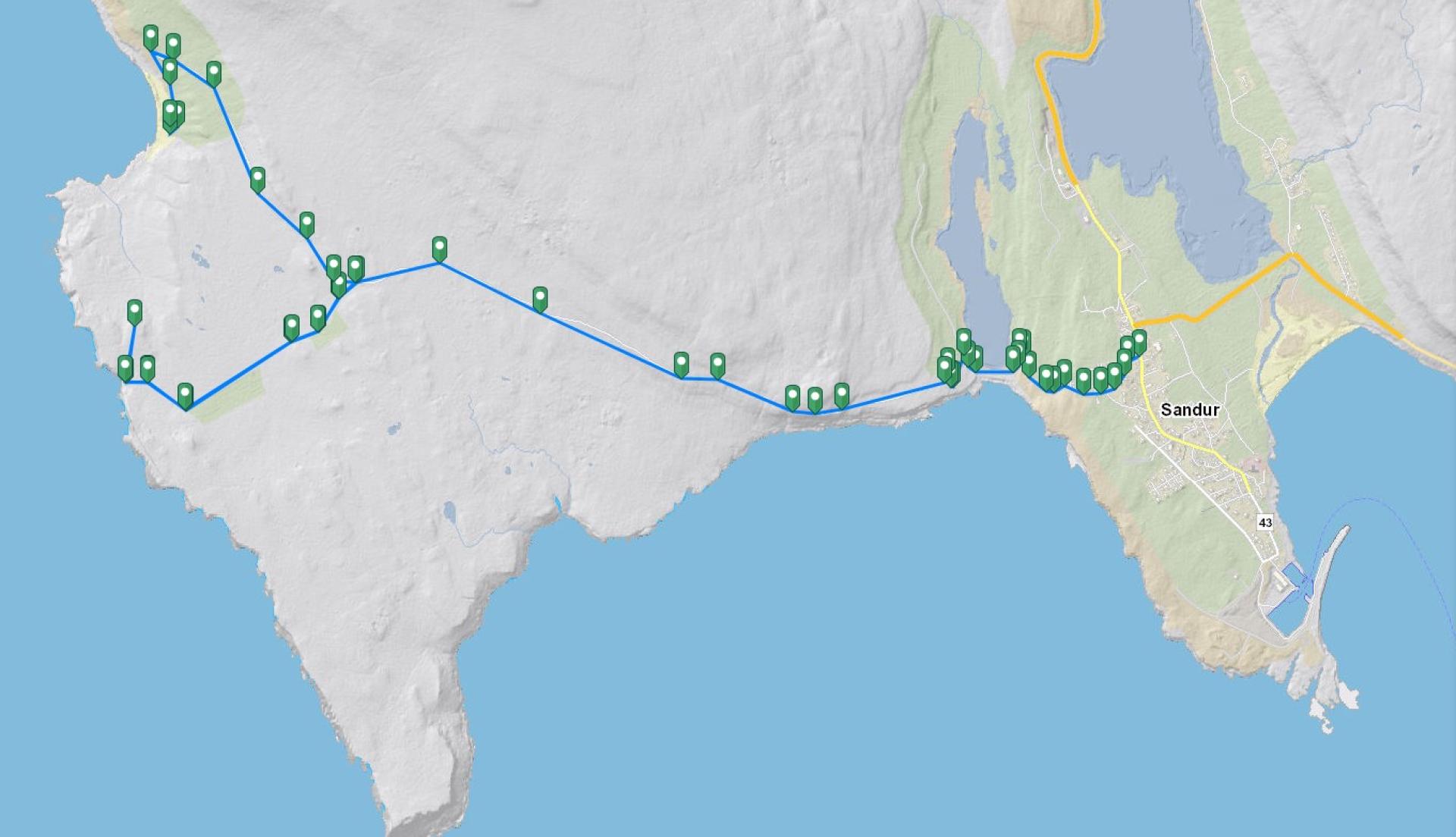 Map of the easy hike to Søltuvík and Drangarnir viewpoint on Sandoy, Faroe Islands